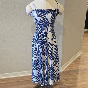 Blue and White Leaf Print Dress